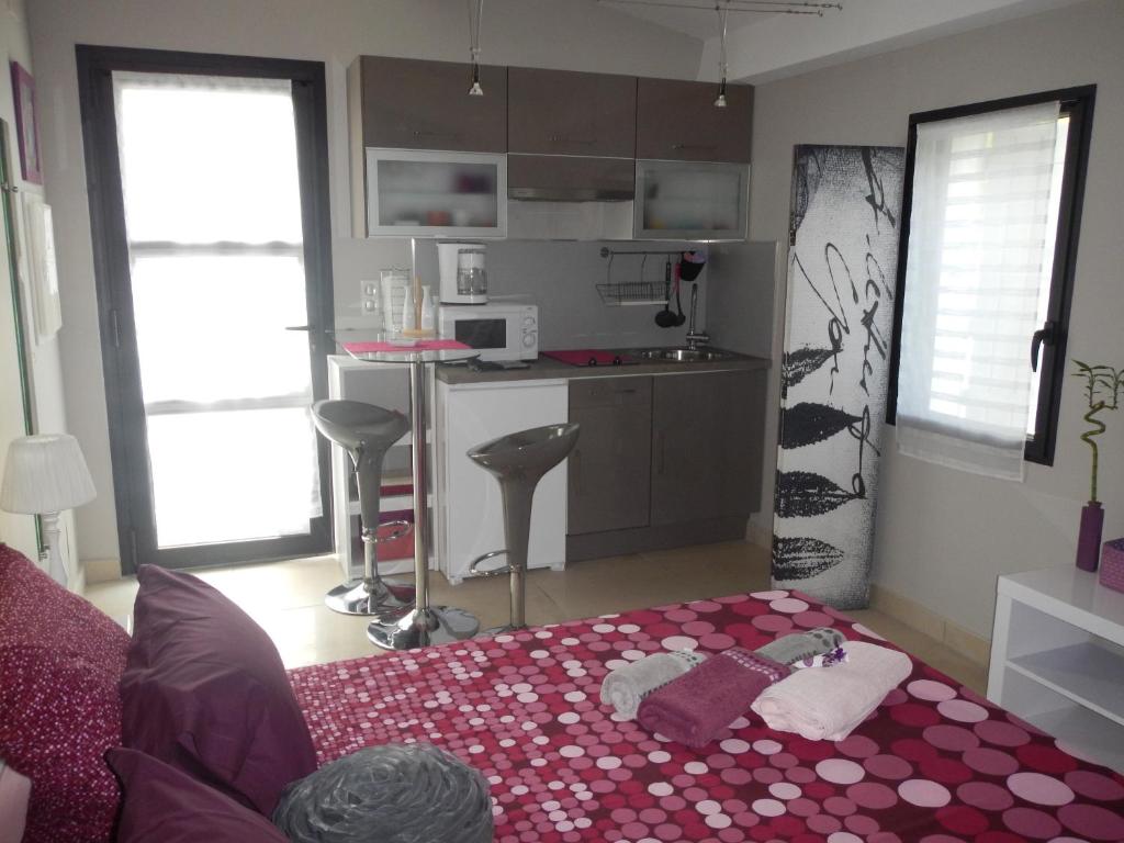 a living room with a bed and a kitchen at le gîte Lou Jas in Eyragues