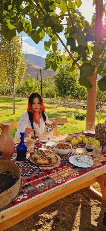 Eine Frau, die an einem Picknicktisch mit Essen sitzt. in der Unterkunft GreenField Resort in Yeghegnadzor