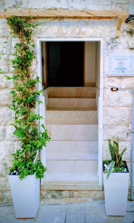 two plants in white pots in front of a door at La Pergoletta in Molfetta