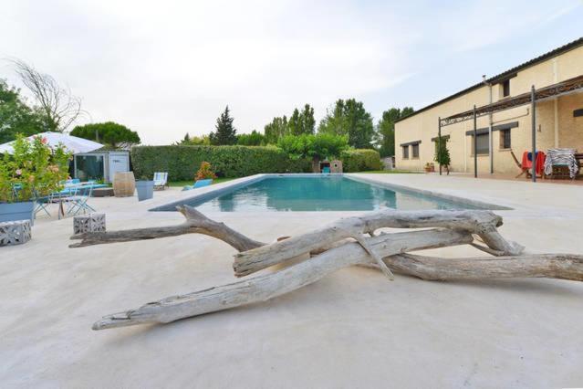 un trozo de madera a la deriva sentado junto a una piscina en Le Mazet Chambre d'Hôtes, en Mauguio