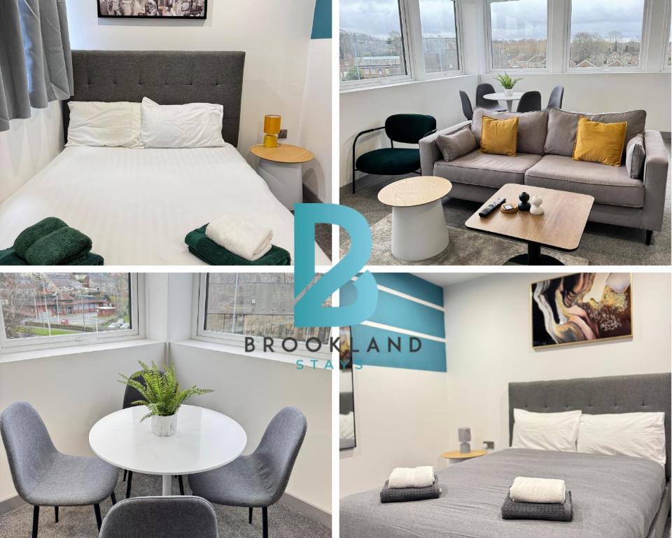a collage of photos of a bedroom and a living room at Two Bedroom Flat by Brookland Stays Serviced Accommodation Short Lets Leeds with Free WiFi in Yeadon