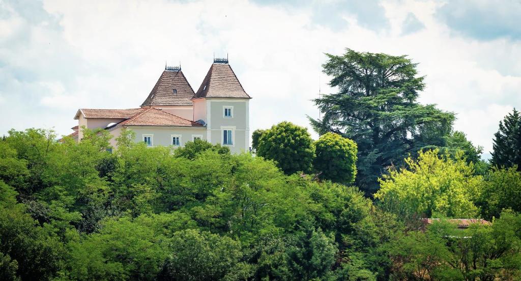 una casa en la cima de una colina con árboles en Domaine de Sainte-Croix, en Sainte-Croix