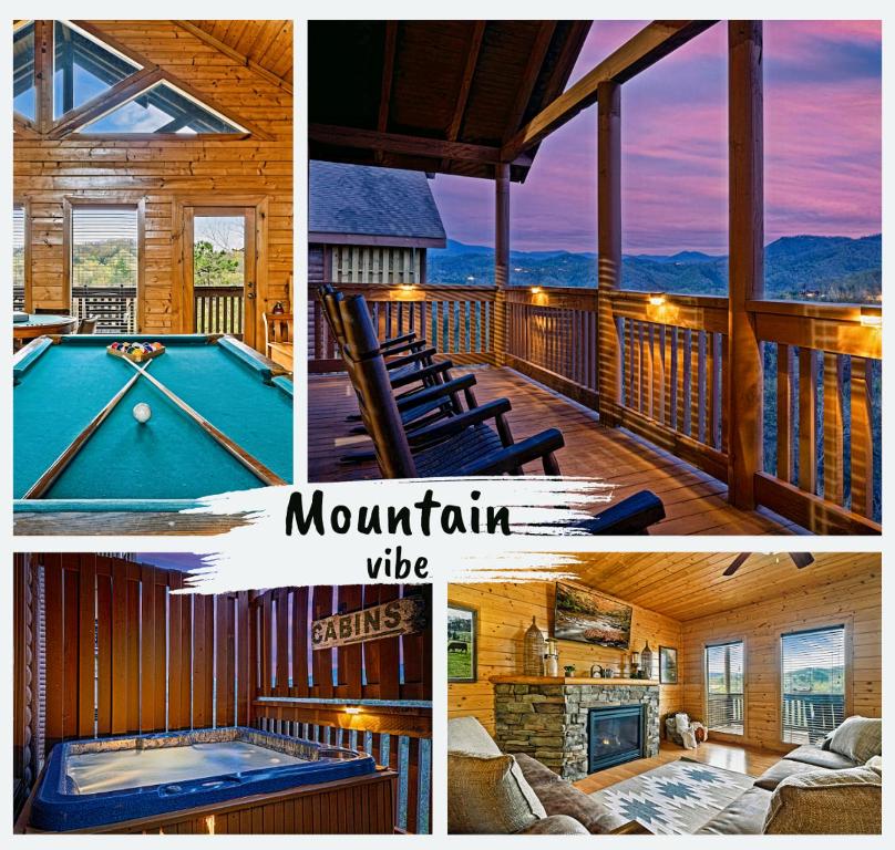 a collage of pictures of a log cabin with a pool table at Mountain Echoes in Sevierville