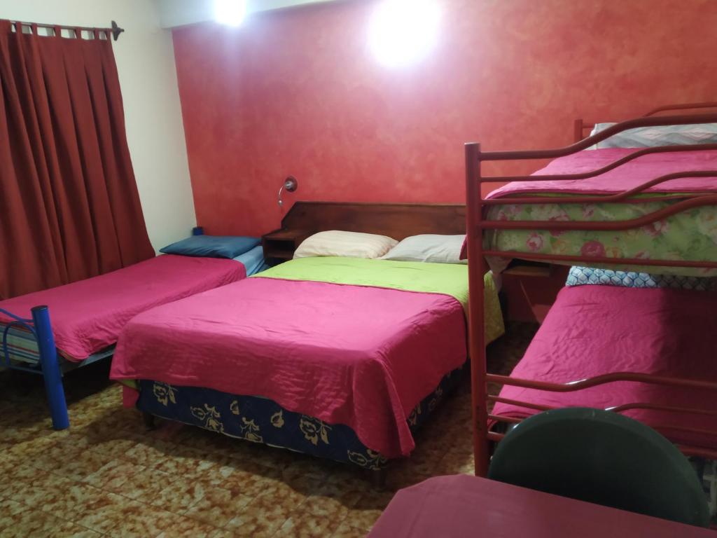 a room with two bunk beds and red walls at Hostel & Posada Noelia in Puerto Iguazú