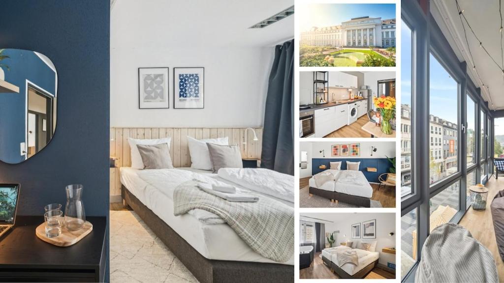 eine Collage mit Bildern eines Schlafzimmers mit einem Bett und einem Spiegel in der Unterkunft Koblenz-City am Schloss - 10 Gäste - ZachaStay in Koblenz