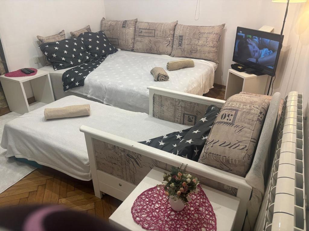 a living room with three beds and a couch at Bohemian Rhapsody low ground studio in Belgrade