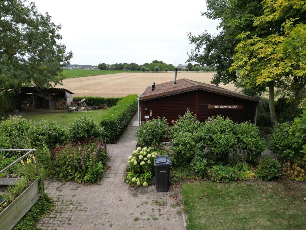 a garden with a shed and some plants and flowers at Bie Oans Oefje in Lewedorp