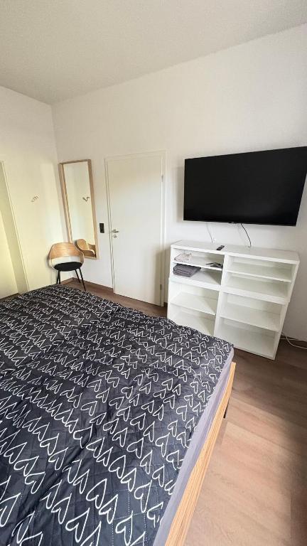 a bedroom with a bed and a flat screen tv at Schöne Ferienwohnung in Grünhain-Beierfeld