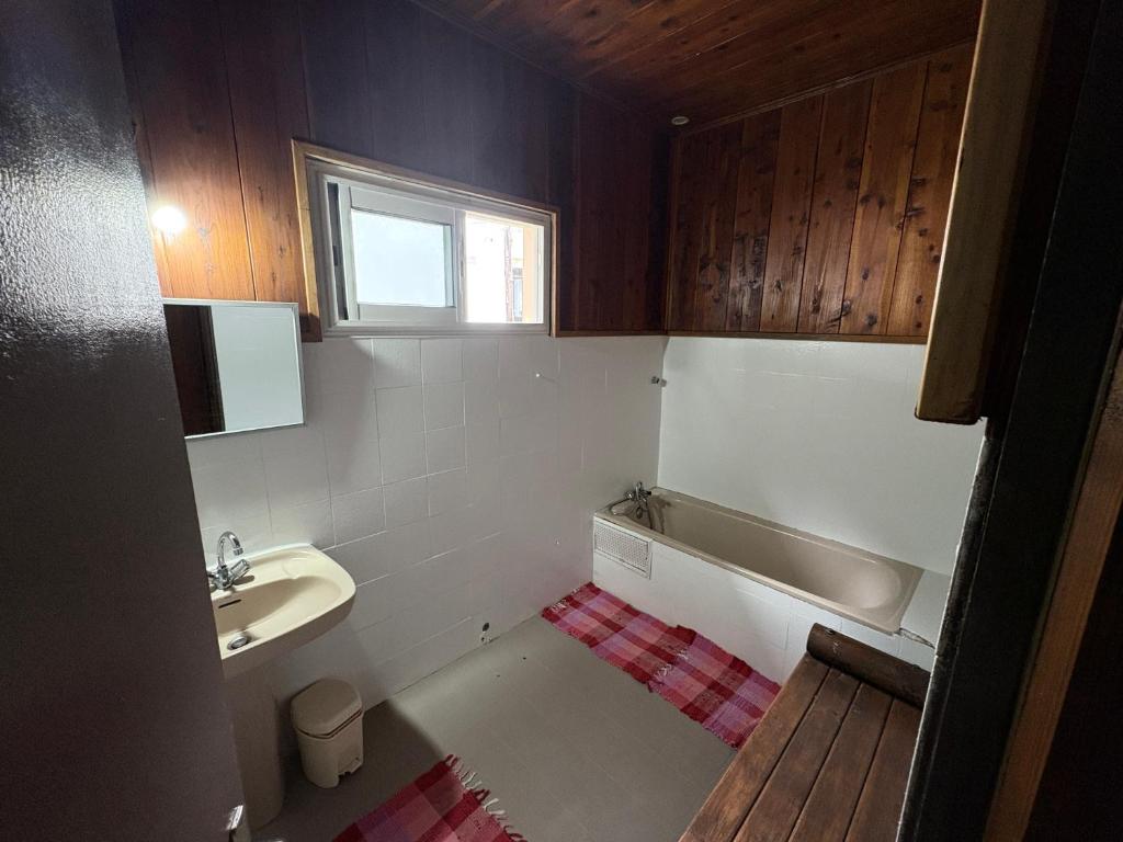 a bathroom with a sink and a bath tub at Marie Begue Villa in Cilaos
