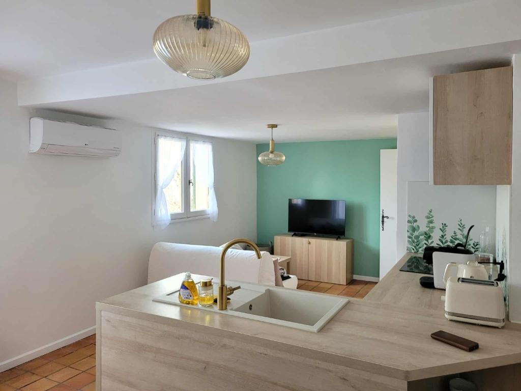 a kitchen with a sink and a living room at Duplex provençal au cœur des vignes à 5 min du centre-ville in Sablet