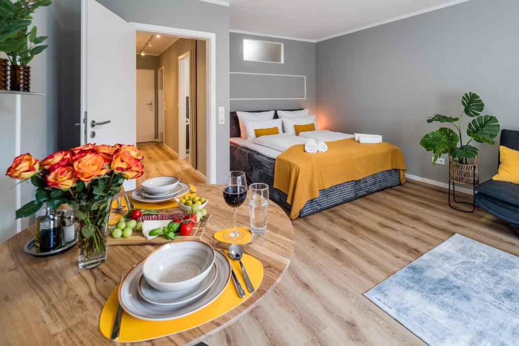 Ένα ή περισσότερα κρεβάτια σε δωμάτιο στο Fewo7Home Neueröffnung Apartment an der Uni