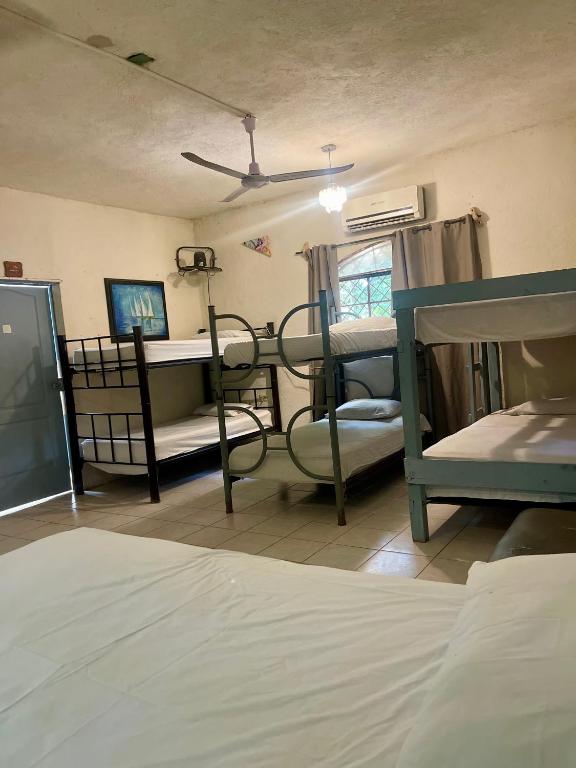 a room with two bunk beds and a bed at Hostalito Lahar in Bacalar