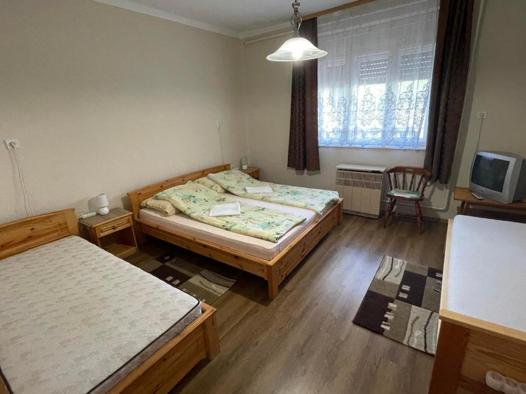 ein Schlafzimmer mit zwei Betten und einem Fernseher in der Unterkunft Boróka Vendégház in Püspökladány