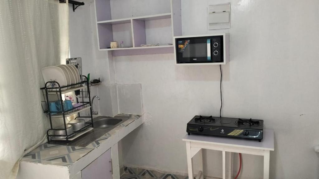 a kitchen with a sink and a microwave at Savannah Apartments in Narok