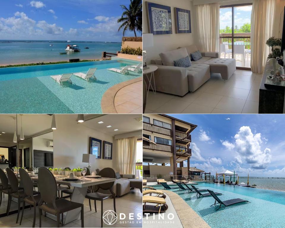 eine Collage mit Fotos eines Hauses mit Pool in der Unterkunft Beira-Mar, Conforto, Charme e Pé na Areia -Destino BSM 329 in Barra de São Miguel