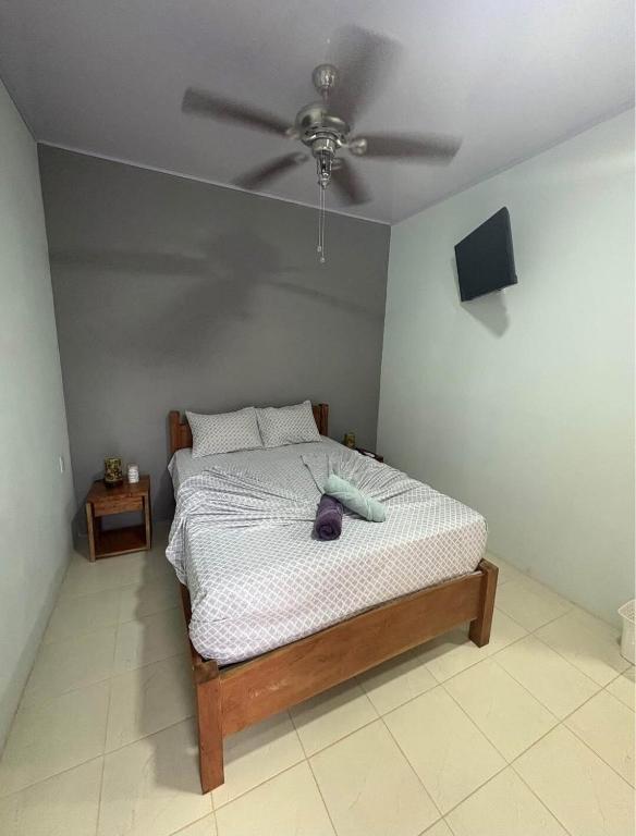 Beach room 3 Diamond Hotel Parrita في باريتا: غرفة نوم بها سرير ومروحة سقف