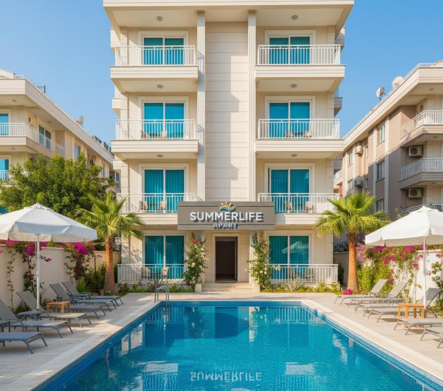 een hotel met een zwembad voor een gebouw bij Summerlife Apart Hotel in Antalya