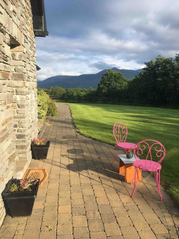 a patio with two chairs and a table and a field at Alder House Studio in Killarney