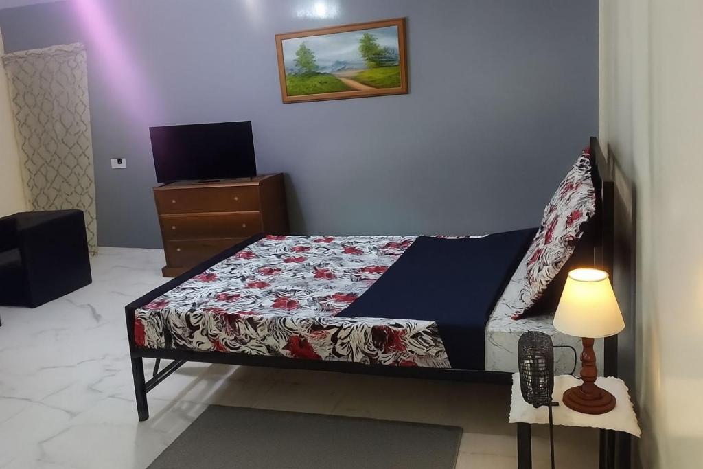 SangalkamにあるVILLA 379 Cité Les Manguiers de BAMBILORのベッドとテレビのある小さな寝室