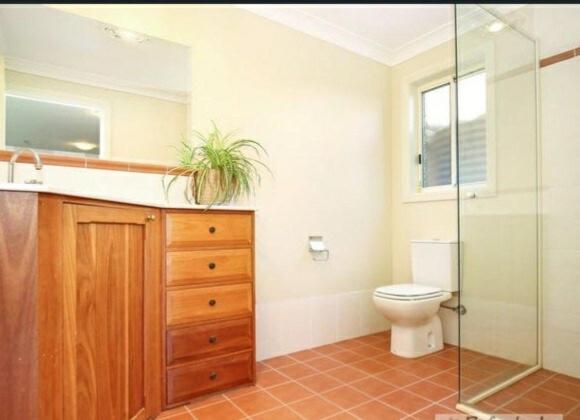 a bathroom with a toilet and a sink and a shower at The Studio on Ashtree in Armidale