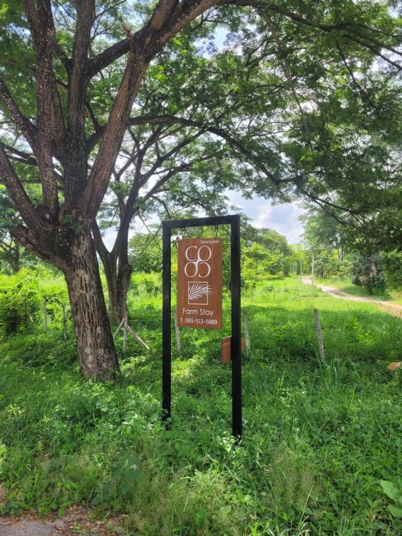 Un cartel en el césped junto a un árbol en Coco farm stay Suanphueng, en Ratchaburi