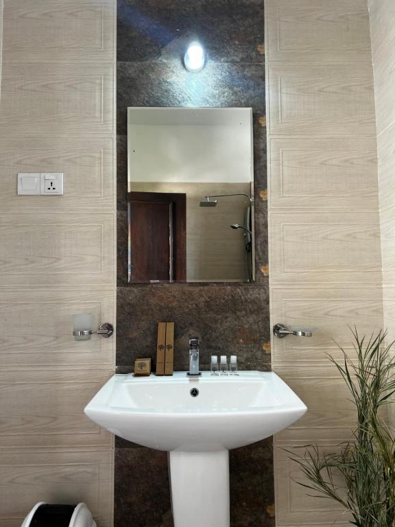 een badkamer met een witte wastafel en een spiegel bij Stay199 in Haragama