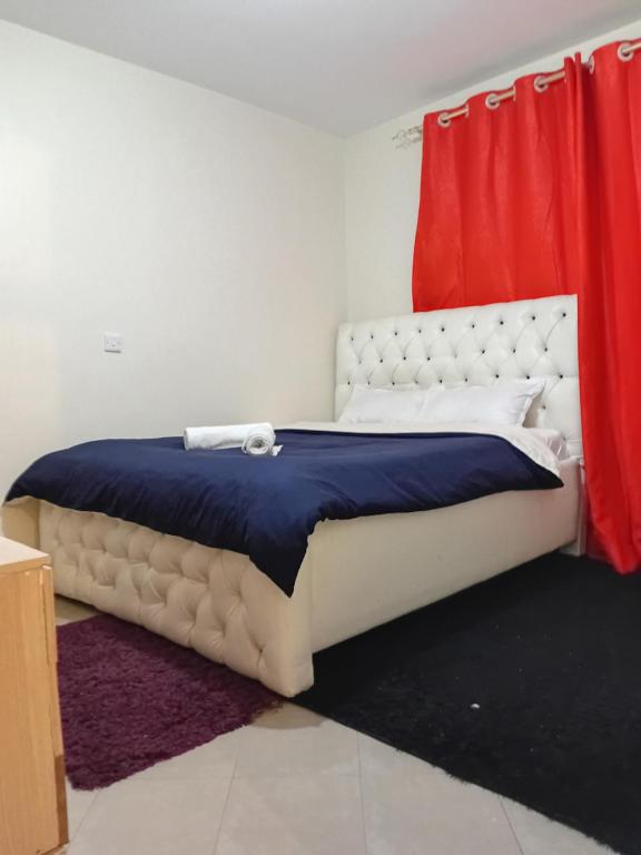 a bed in a room with a red curtain at Jeff HOMES Bnb in Nakuru