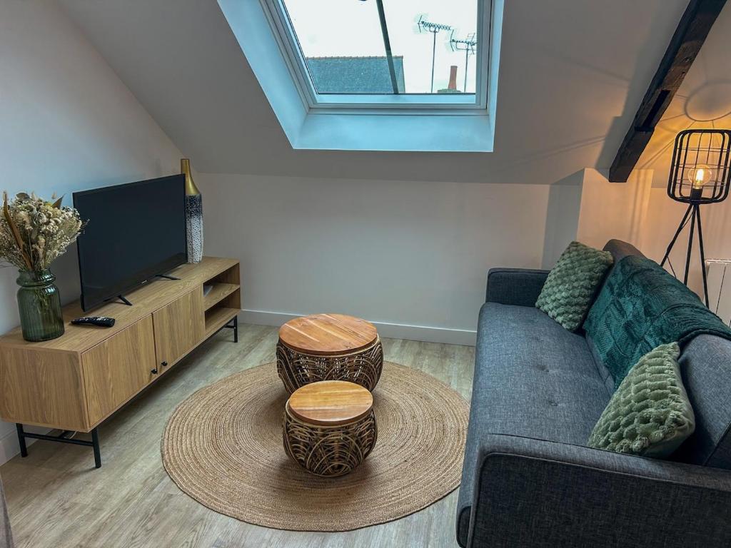 un salon avec un canapé et une télévision dans l'établissement La Perle Cancalaise - studio au cœur du Port, à Cancale