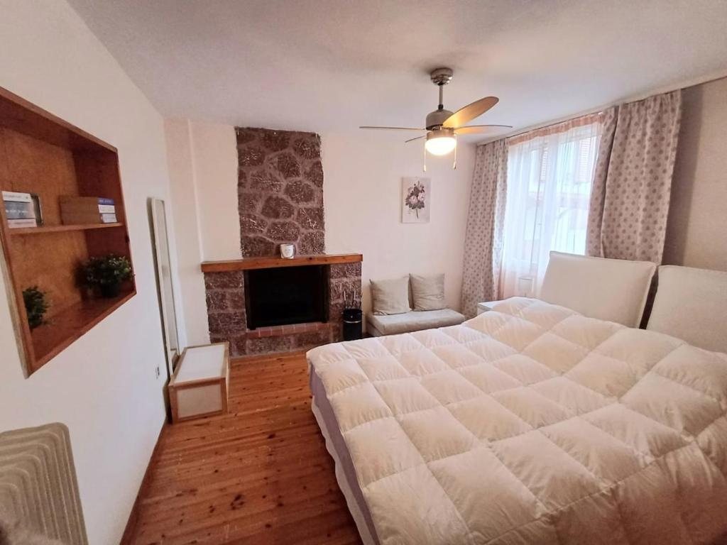 a bedroom with a large bed and a fireplace at Delphi Sunset Apartment in Delfoi