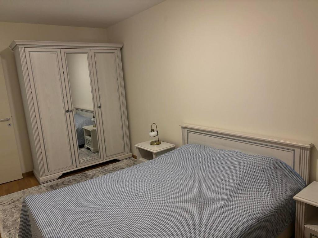 a bedroom with a bed and a large mirror at Rest in Podgorica