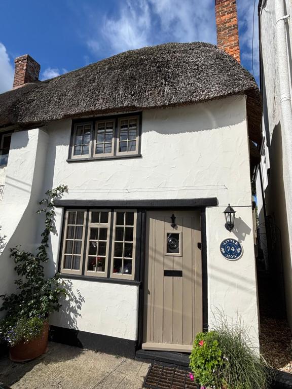 ein weißes Cottage mit einem Strohdach in der Unterkunft Little Hog Cottage, cosy seaside hideaway in Seaton