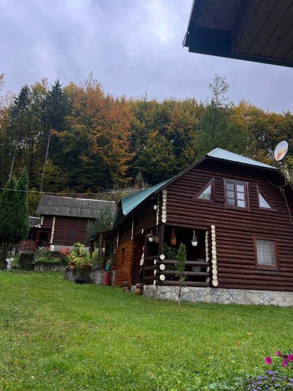 a large wooden house in a yard with trees at Дім-Садиба Озерел in Krasna