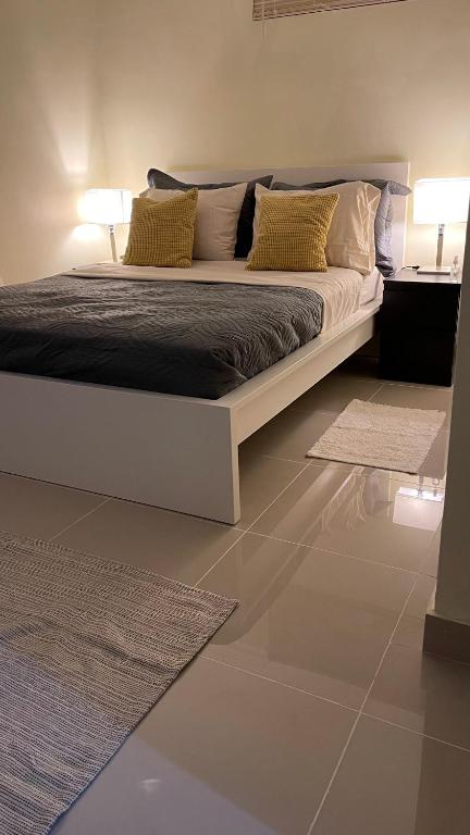 a bedroom with a bed with two lamps and a rug at Apartamento cerca de todo en SDE in Santo Domingo