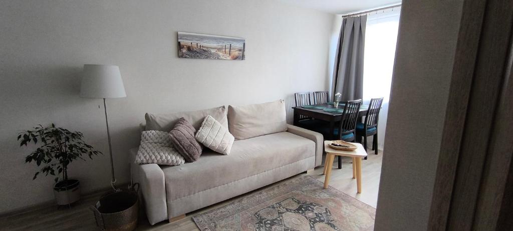 a living room with a couch and a table at Jaukūs, erdvūs, šilti apartamentai in Klaipėda