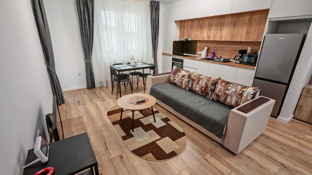 ein Wohnzimmer mit Sofa und Tisch in der Unterkunft Arini Urban Residence in Şelimbăr