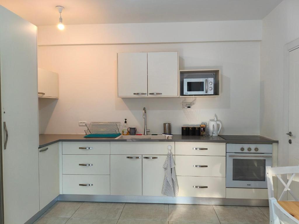 a kitchen with white cabinets and a microwave at אורן בשדה in Sede Ilan