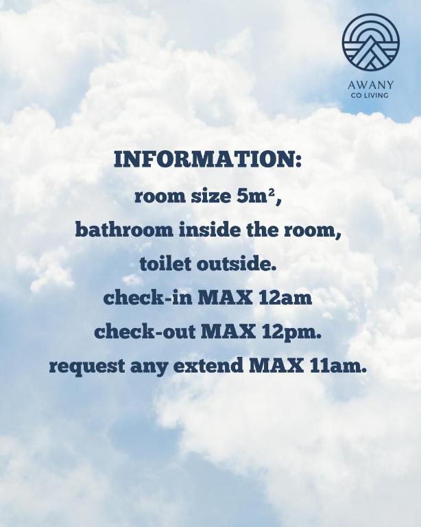 a sign in the sky that reads information from size bathroom inside the room at Awany CoLiving in Jakarta
