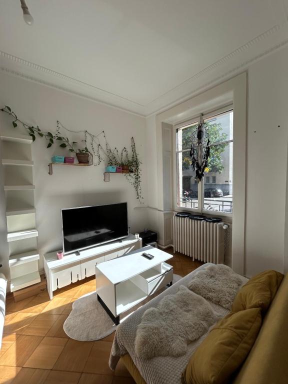 a living room with a couch and a tv at Geneva smart studio in Arni Alp