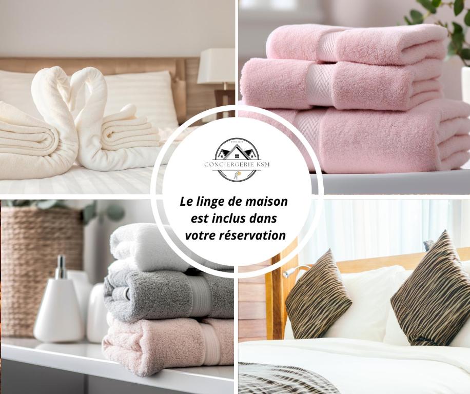 a collage of images with towels and pillows at Studio cosy tout équipé, idéal in Chilly-Mazarin