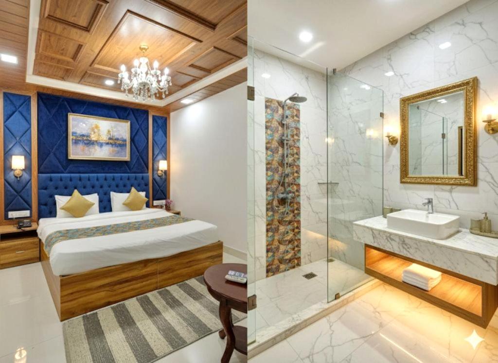 新德里Worldwide Suites Near IGI Airport的配有床、淋浴和盥洗盆的浴室