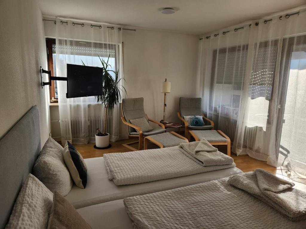 Un dormitorio con una cama y sillas y un televisor. en Sunny studio in Grenzach, ideal location to Basel, en Grenzach-Wyhlen
