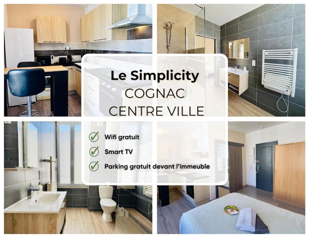 Un collage de fotos de una cocina y un baño. en Le Simplicity, en Cognac