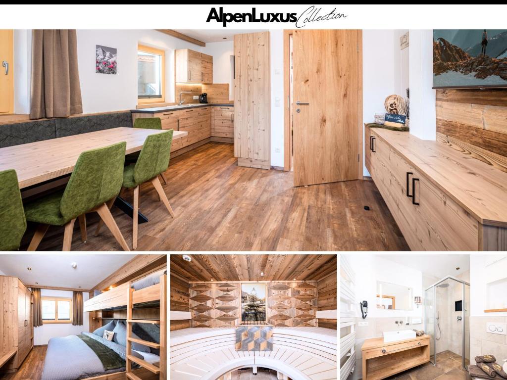 a kitchen and dining room with wooden cabinets and a table at BEIM LOIS Dorfblick - AlpenLuxus Collection in Gerlos