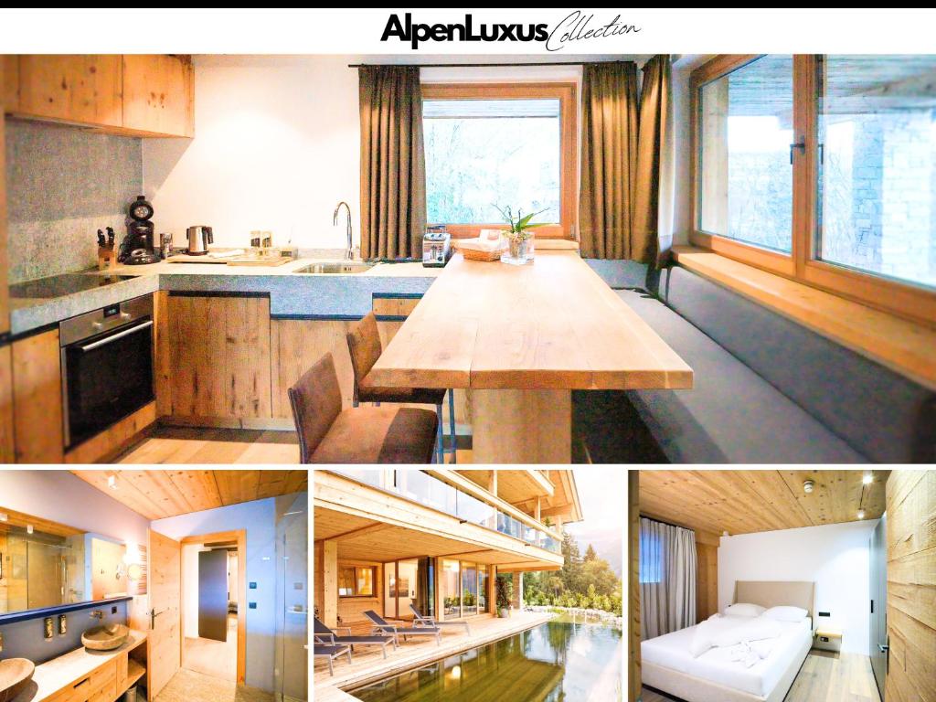 a collage of photos of a kitchen and a house at SportLodge RACING SUITE - AlpenLuxus Collection in Kleinboden