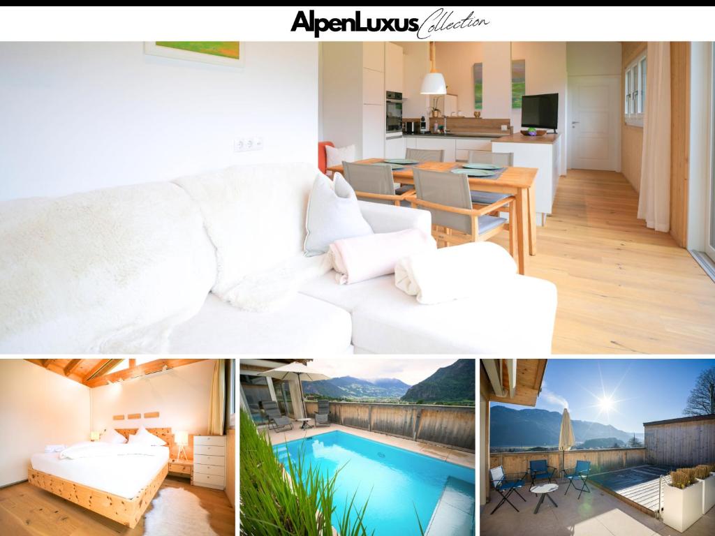 a collage of photos of a living room and kitchen and a house at Tyrolchalet LITTLE LUCK - AlpenLuxus Collection in Rofansiedlung