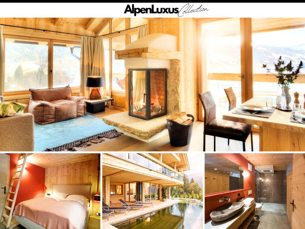 a collage of pictures of a room with a fireplace at SportLodge BIKE SUITE - AlpenLuxus Collection in Kleinboden