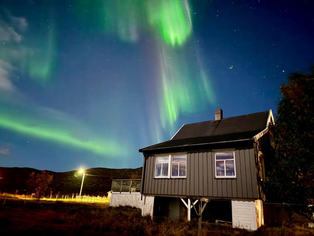 una casa con las luces del norte en el cielo en Jacuzzi, fjord view & northern lights - close to Hammerfest & North Cape, en Hammerfest