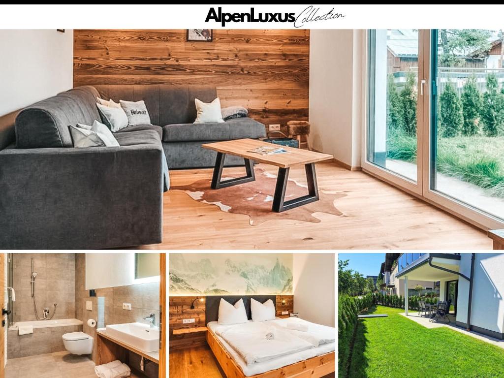 a living room with a couch and a table at ZWEITE HEIMAT - AlpenLuxus Collection in Fügen