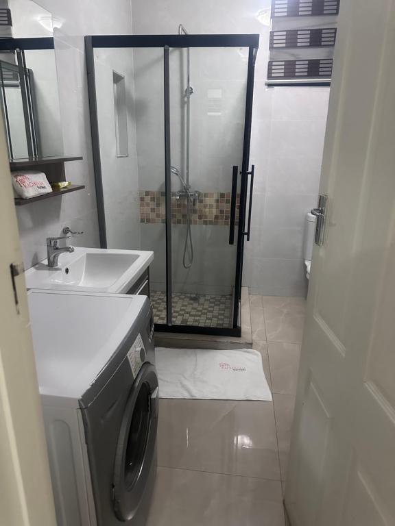 Un baño con lavadora y lavabo. en Kachimam Luxury Apartment, en Kitwe