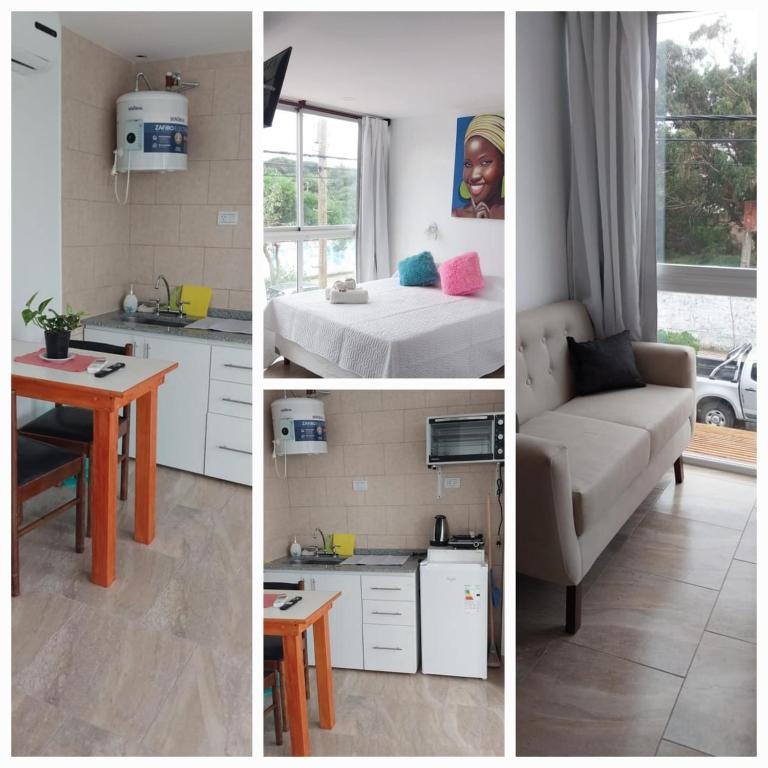three different views of a kitchen and a room at Departamentos Mon in San Clemente del Tuyú